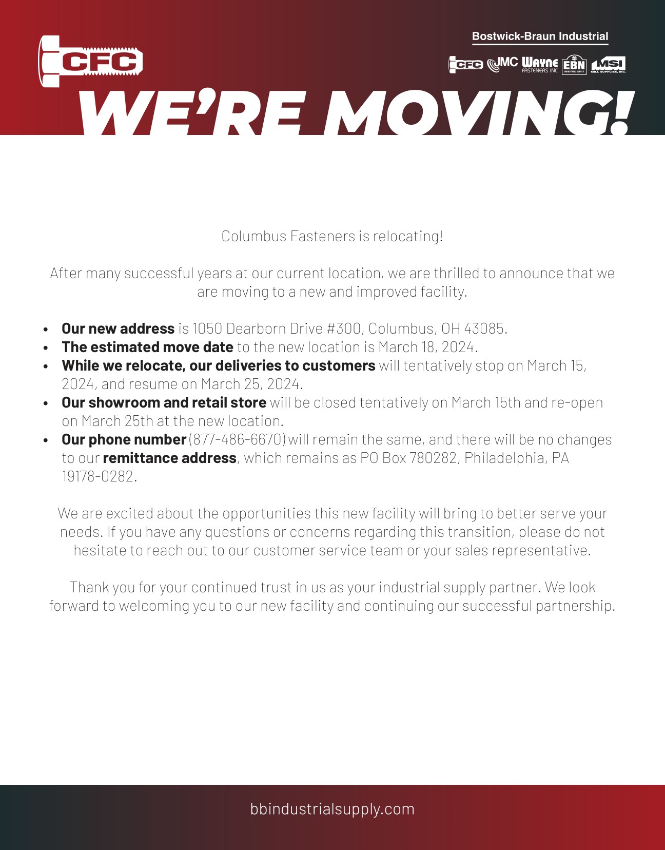 Columbus Fasteners Moving